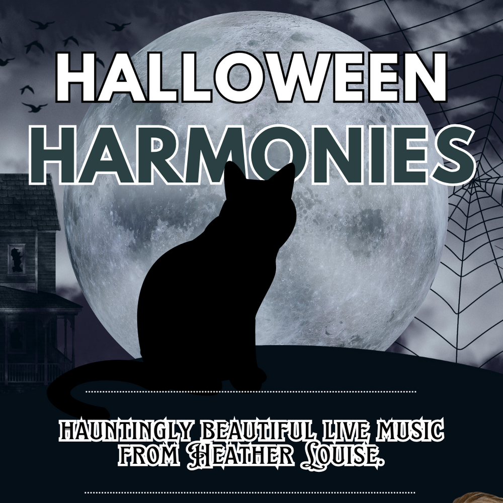 Promotional flyer for 'Halloween Harmonies' with a cat silhouette, full moon, and HEATHER LOUISE holding a microphone. Promoting the Halloween performance at 31 The Cross Worcester