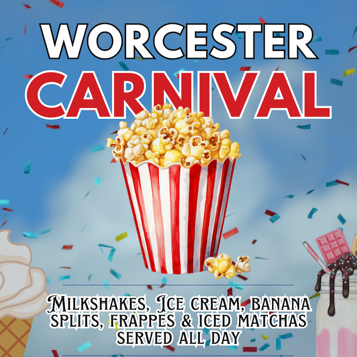 Advertisement for Worcester Carnival with popcorn, ice cream, and drinks on a blue background.